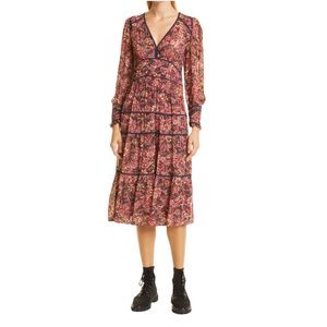 BA&SH Dress Womens Medium NEW Gigi Long Sleeve Floral Midi Bohemian Paisley Puff